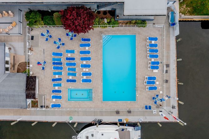 Overhead view of the pool and waterfront